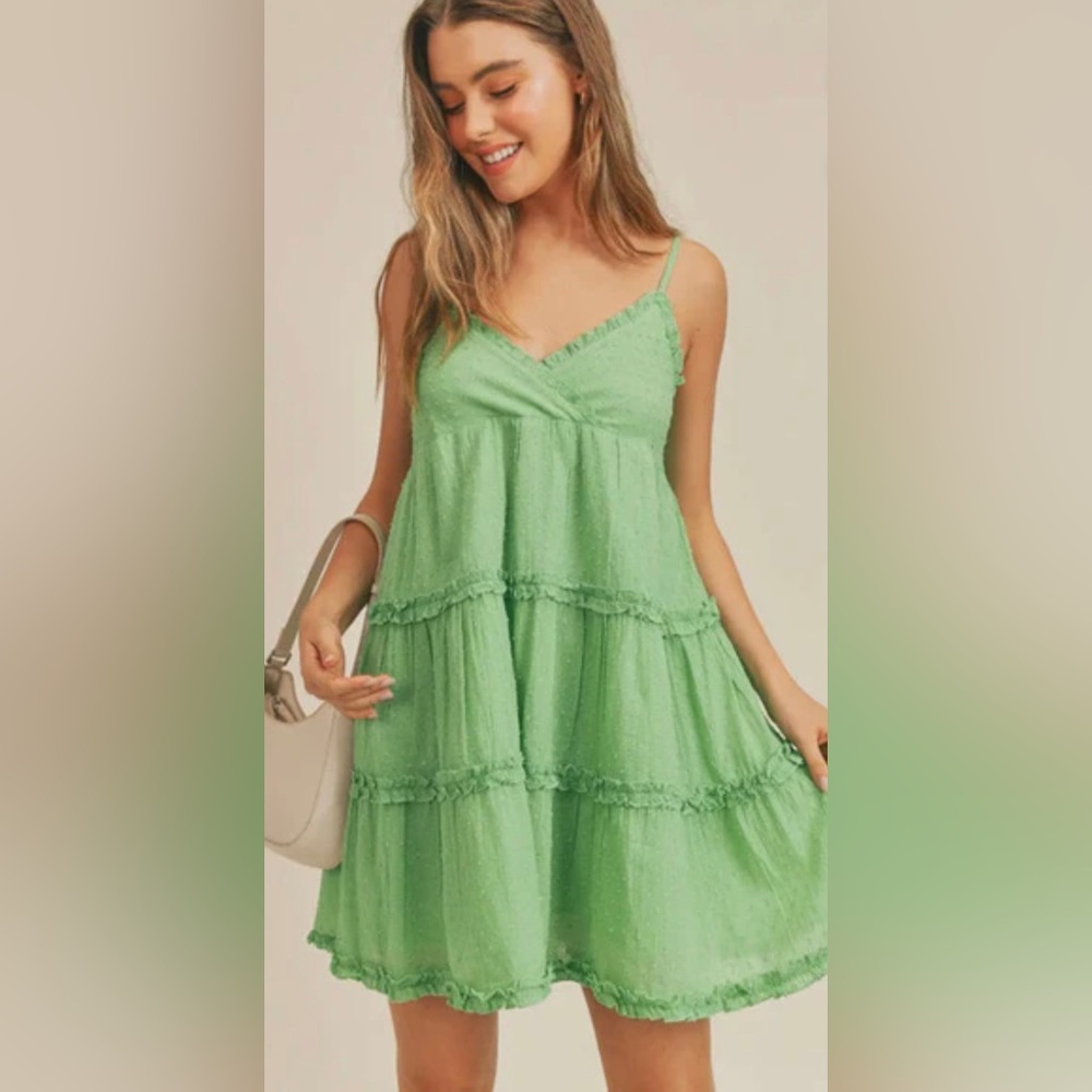 Sadie and Sage Green Swiss Dot Sleeveless Tiered Boho Beachy Dainty Mini Dress